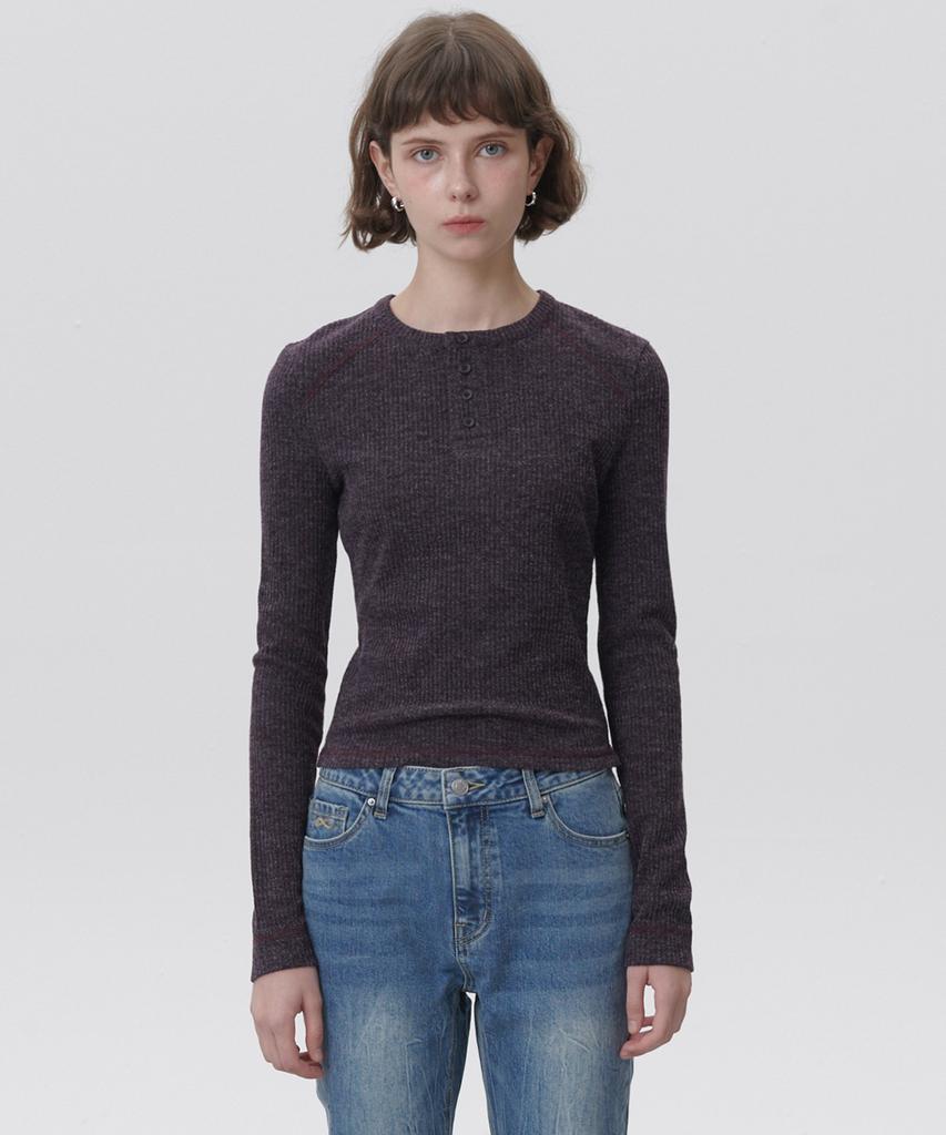 PLAC WOMEN Henley Neck Long Sleeve T-Shirt Purple