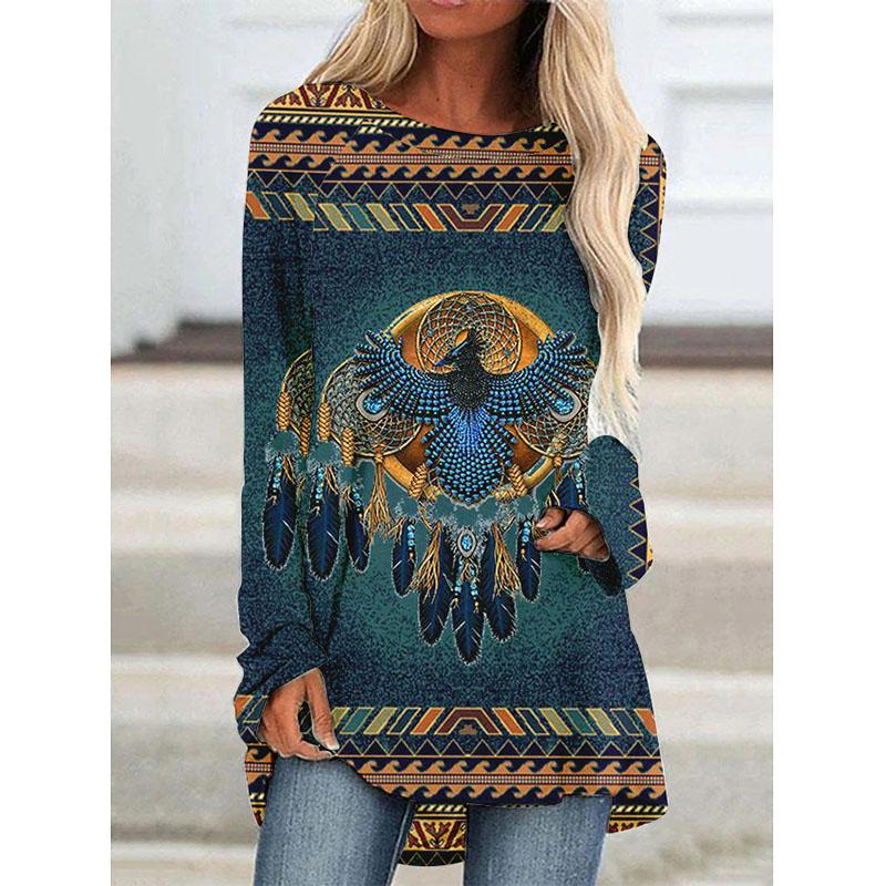 Футболки с длинным рукавом с принтом Western Aztec Ethnic 3D, богемные женские винтажные модные футболки, свободные уличные женские футболки, топы