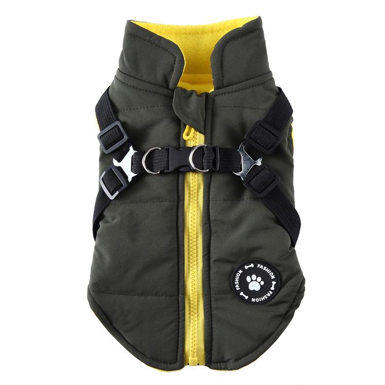 Durable Cotton Dog Jacket with Harness and Leash - Cold-Resistant Pet Outerwear 