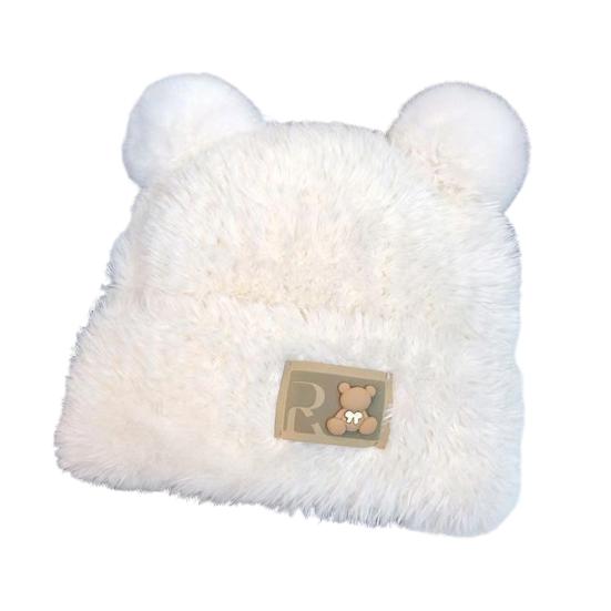 Women Knitted Hat Windproof Warm Solid Color Elastic Winter Hat Bear Ear Decor Cold Weather Plush Hat