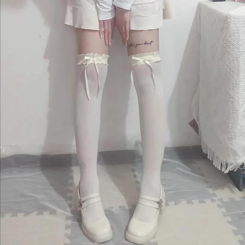 Women Lace Black White Ruffle Long Socks Women Girls Sweet Stockings JK Lolita Nylon Lace Leggings Over The Knee Bowknot Hosiery