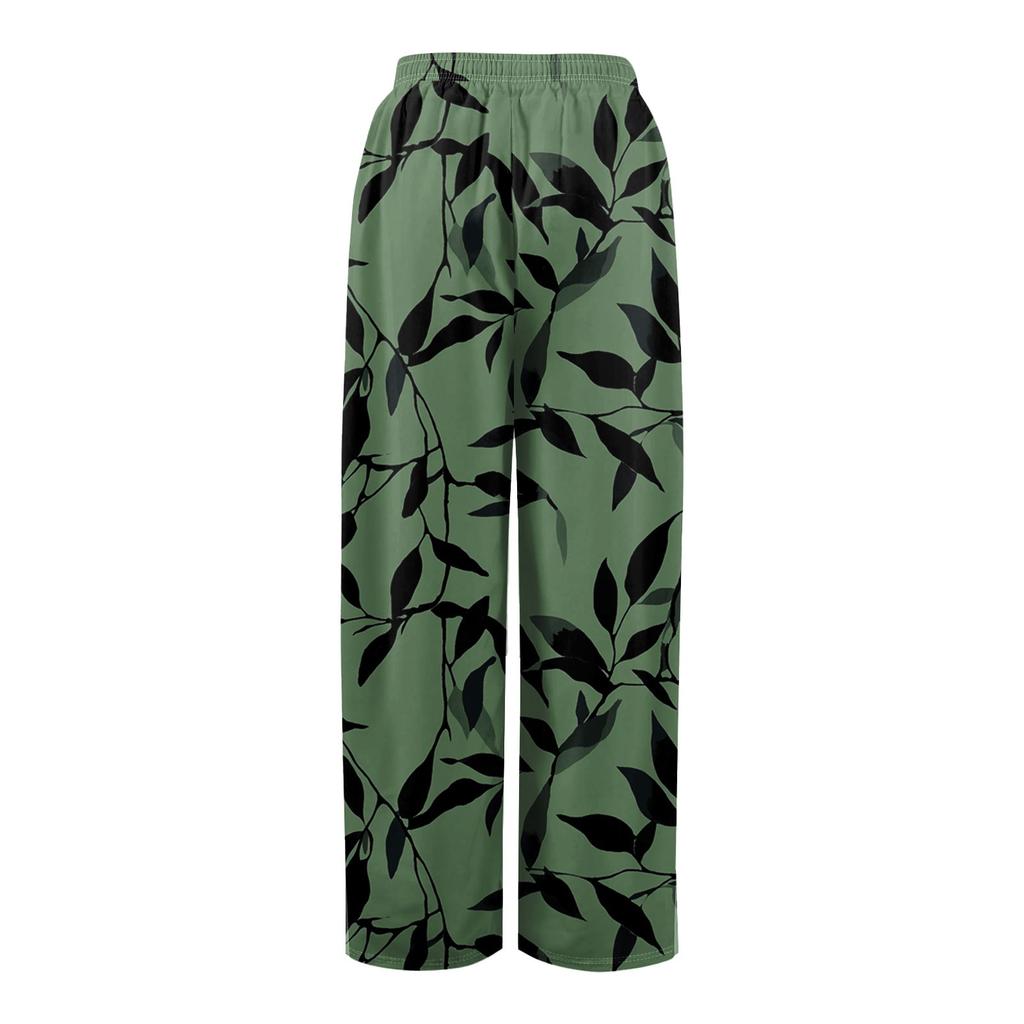Women's Loose Casual Floral Print Wide Leg Pants With Elastic Waist Drawstring And Pocket Pants