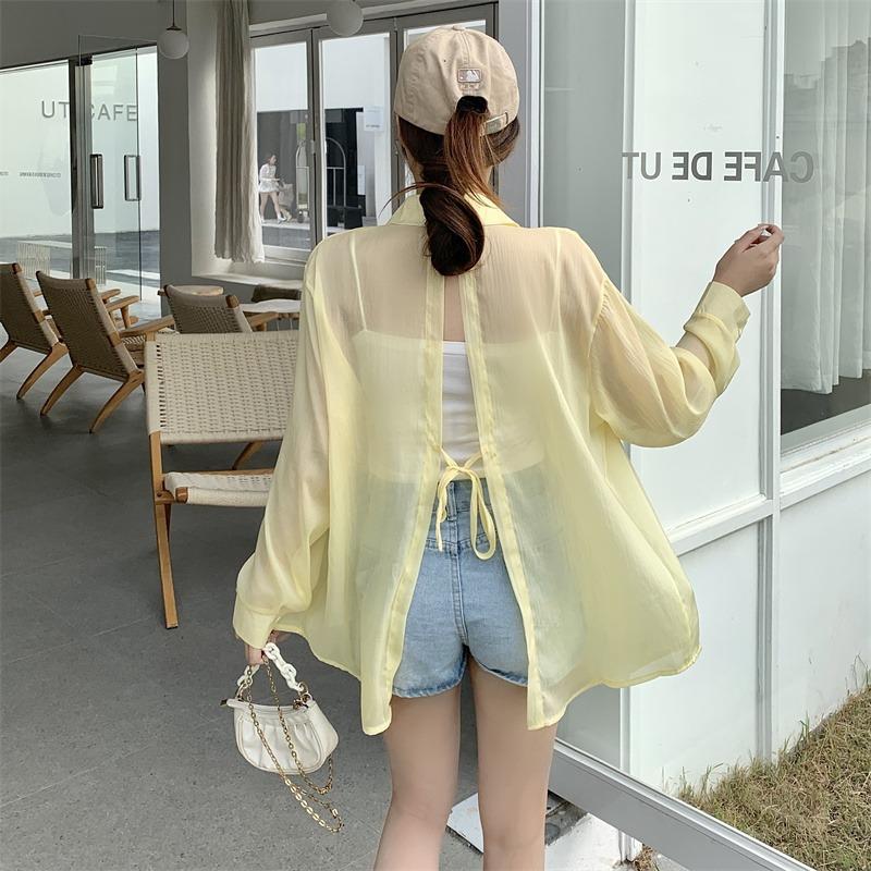 Back Split Lace-up Casual Loose Shirts Women Fashion New See Through Long Sleeve Women's Blouses Thin Breathable Sun Protection Office Lady Tops 26108