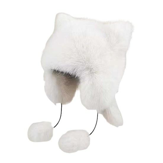 Женская зимняя шапка с толстым искусственным мехом, украшением в виде ушей и хвоста в виде мультяшного енота, однотонная, ветрозащитная шапка Lei Feng для катания на лыжах, сноуборде, пешего туризма
