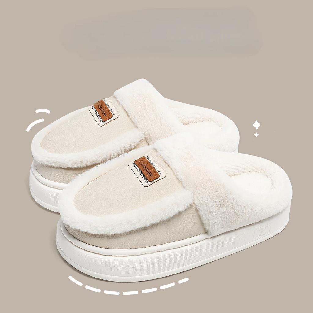 Женские тапочки из хлопка на толстой подошве, зима 2025 г., плюшевые теплые парные тапочки из искусственной кожи, удобные домашние тапочки из хлопка с нескользящим покрытием