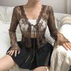 Женская сетчатая кружевная блузка, летняя тонкая перспективная топ с длинным рукавом и v-образным воротником, кружевные кардиганы, рубашка, укороченные топы