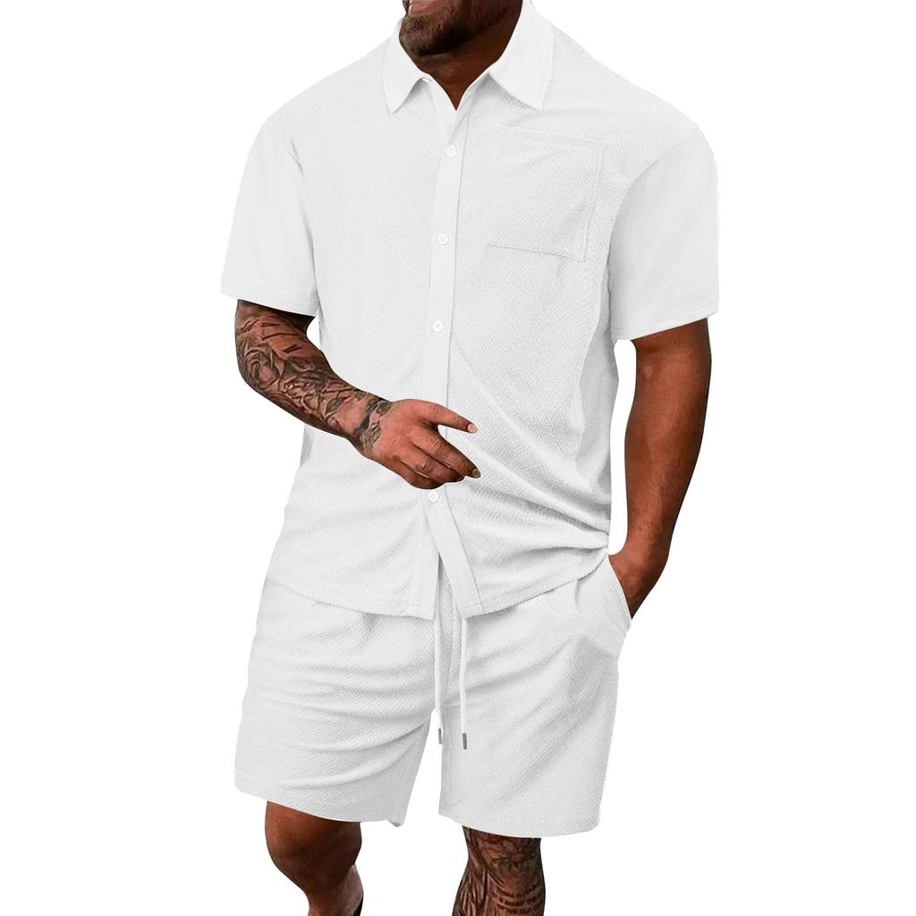 Мужская летняя однотонная рубашка с коротким рукавом, карманом, пуговицами, лацканами и шортами