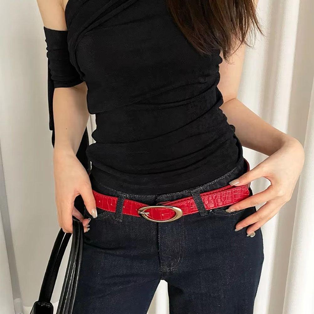 Simple Designer Women's Belt Luxury Red Black Lychee Pattern Waist Belt PU Leather Casual Dress Jeans Belt Streetwear