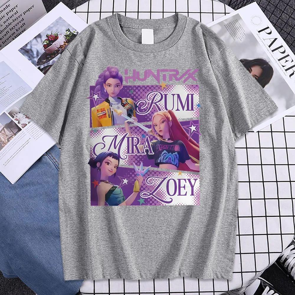 Модная K-pop футболка Охотники на демонов Huntrix Girl Rumi Zoey Mira Графическая футболка Мужская Женская 100% Хлопок Корейская уличная одежда Топ