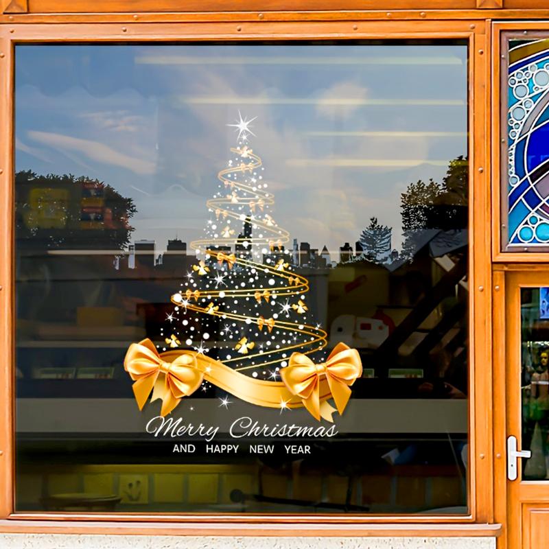 1 шт. Наклейка на окно для дома с большим бантом DIY ПВХ 40x55 см Рождественская наклейка на окно с елкой Золотая елка