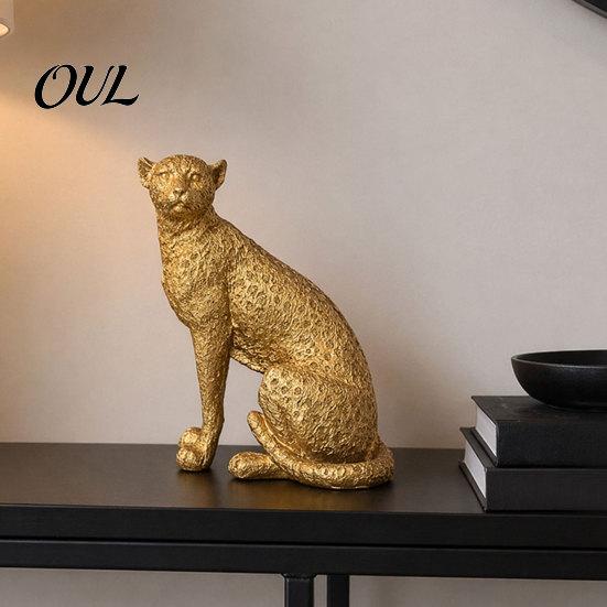 Three-dimensional Leopard Figure Golden Figurine Model, Vivid Statue, Squatting Running Posture, Resin Elegant Animal Decor Piece Ornament for