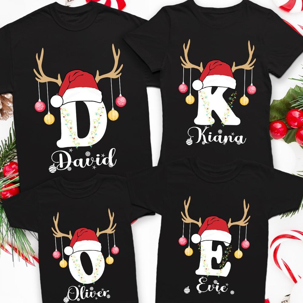 Personalized Christmas TShirt With Lights Antlers Santa Hat Family Holiday Tee