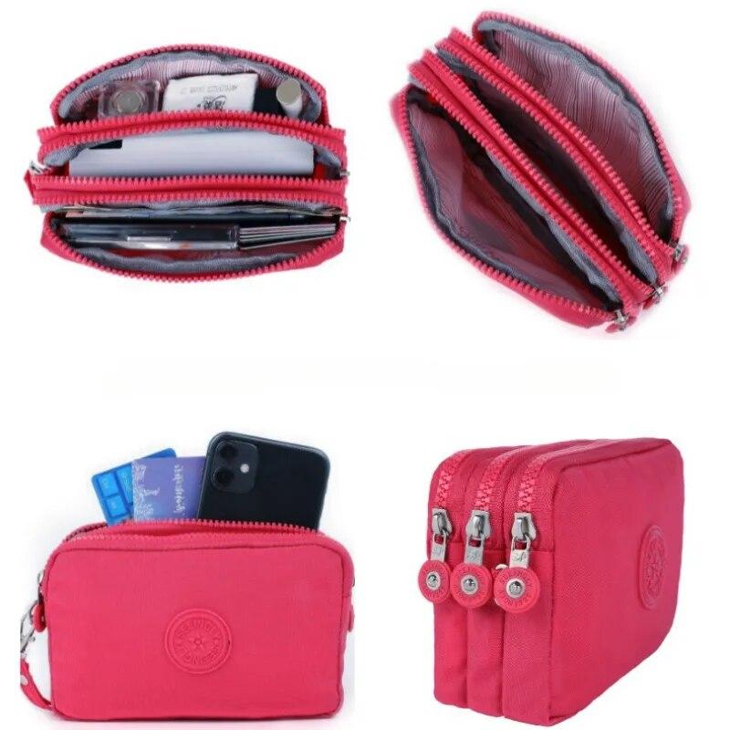 Middle-aged Women Long Three Zipper Layer Money Pouch Nylon Phone Bag Solid Color Card Key Toiletry Canvas Storage Organizer Bag