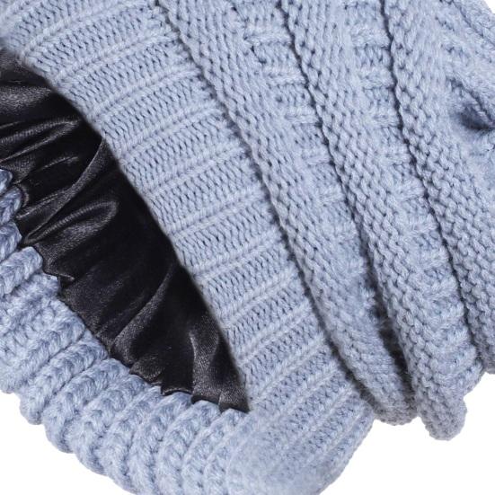 Yousheng Women Knitting Hat Solid Color Ear Protection Thickened Warm Satin Lining Pile Hat Winter Outdoor Riding Headgear