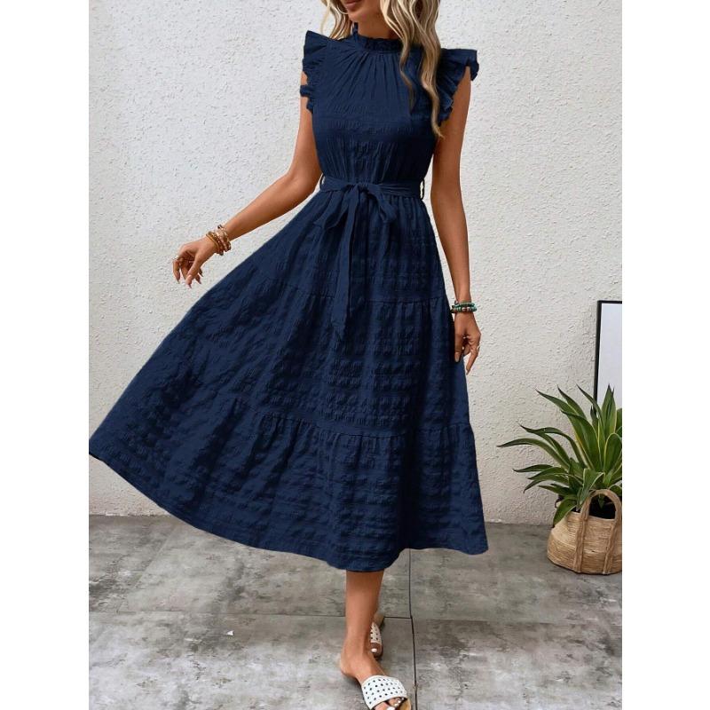 VEZFAA Женская мода лето весна однотонный принт с коротким рукавом Половина водолазки с высокой талией повседневные платья