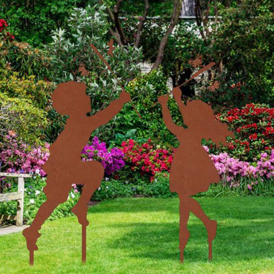 1 Pair Silhouette Art Model Little Boy Girl Shape Character Silhouette Art Ornament Garden Decor Stakes Sculpture Lawn Yard Decoration