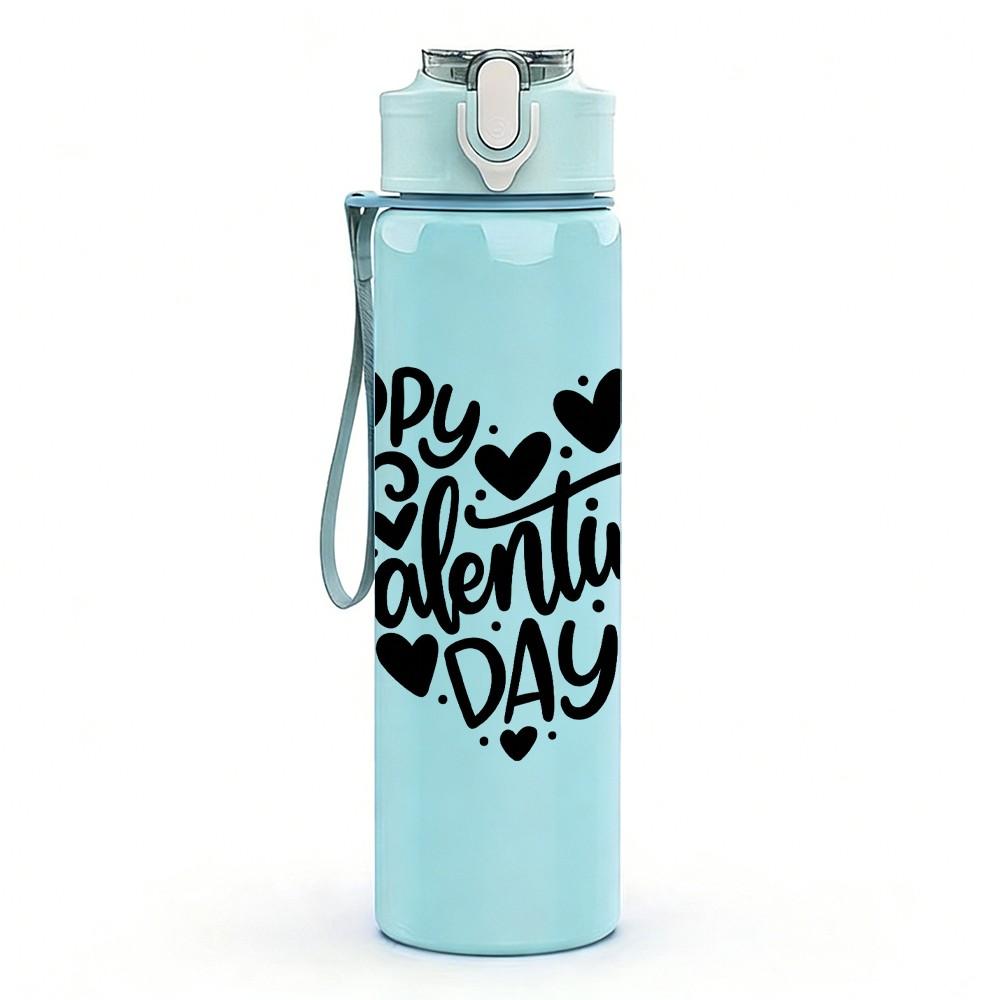 1PC Happy Valentine Day Heart Quote Print 750ml Color Plastic Sports Water Bottle Leakproof Flip Straw Lid Suitable for Sports Office Home Use