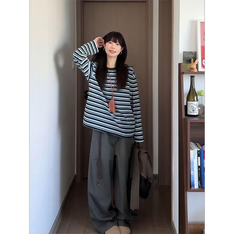 Womens Vintage Blue White Striped Long Sleeve T-Shirt Loose Fit Lazy Style Basic Top