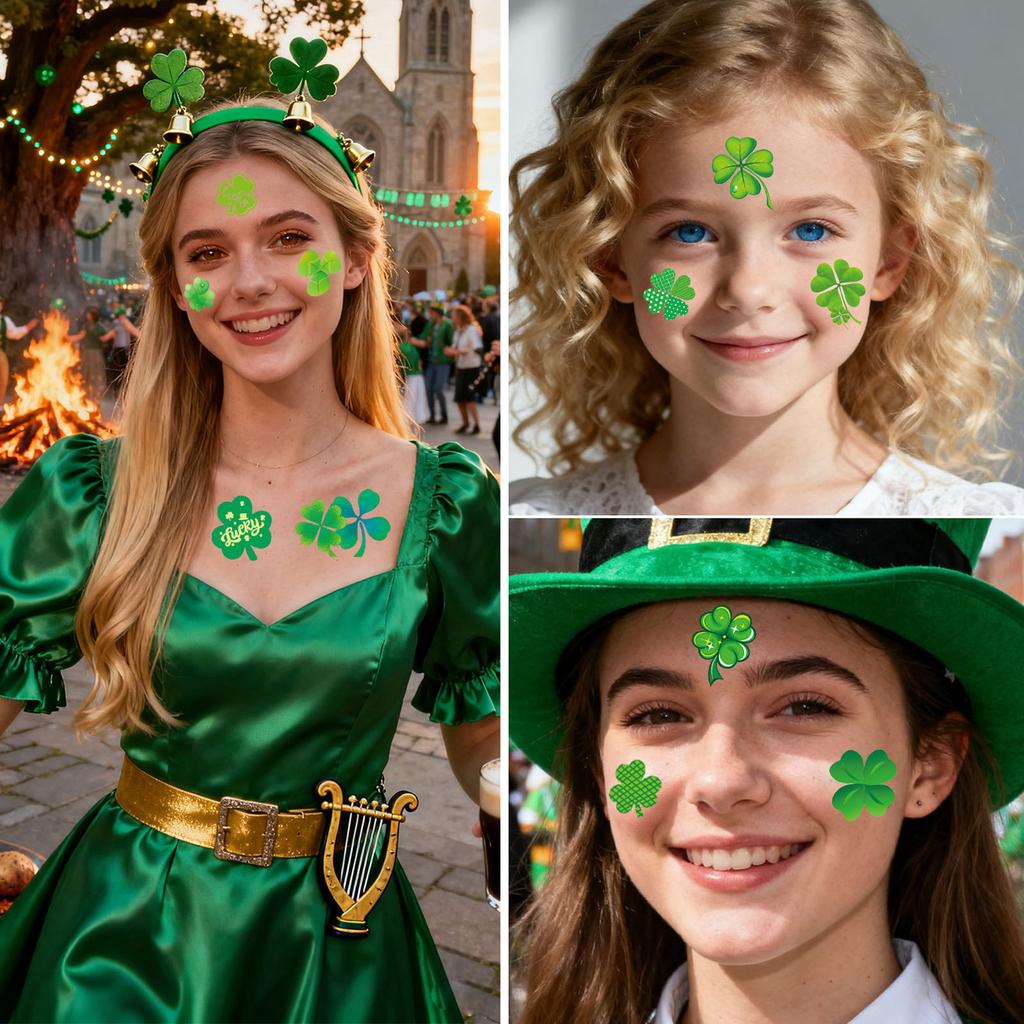 Green Hat And Floral Pattern Temporary Tattoos, Irish Festival Stickers, St. Patrick's Day Temporary Tattoos.