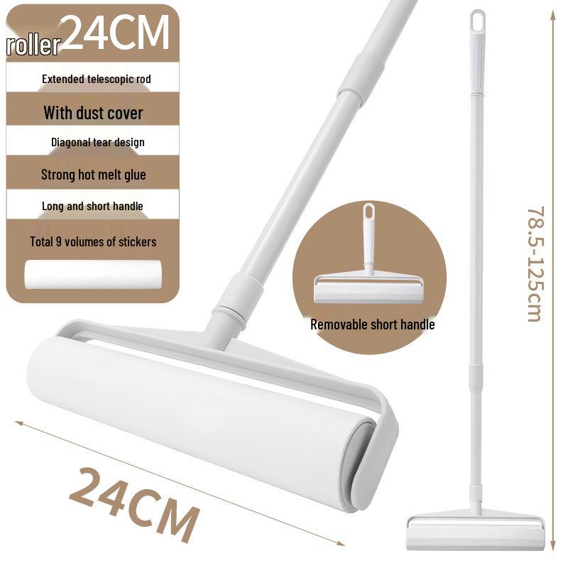 Long-Handle Lint Roller: Hair & Dust Removal Sticky Brush with Tearable Rolls for Floor and Bed.