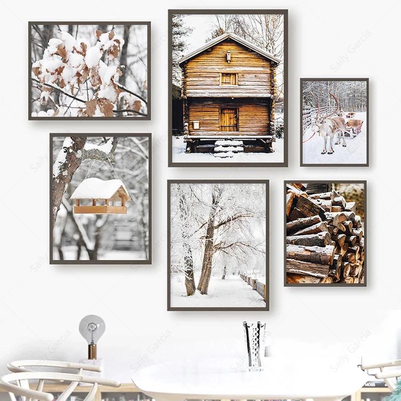 Зимний снежный пейзаж, холст, картина, скандинавские деревянные ворсовые постеры и принты, северный олень, белая береза, настенные художественные фотографии для гостиной