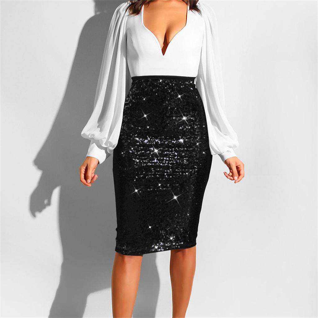 Women Fashion Solid Slim High Waist Push Up Hip Pencil Zipper Sequin Skirt