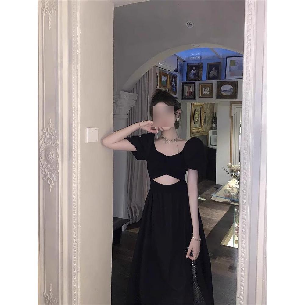 Черное платье детское летнее новое элегантное очарование универсальное с завышенной талией стройнящее с разрезом