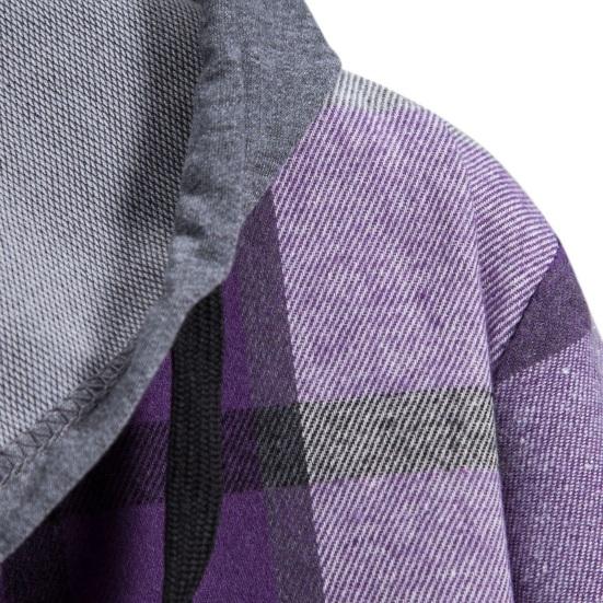 Men Spring Autumn Hooded Drawstring Shirt Coat Long Sleeve Plaid Print Solid Color Patchwork Color Single Breasted Casual Coat