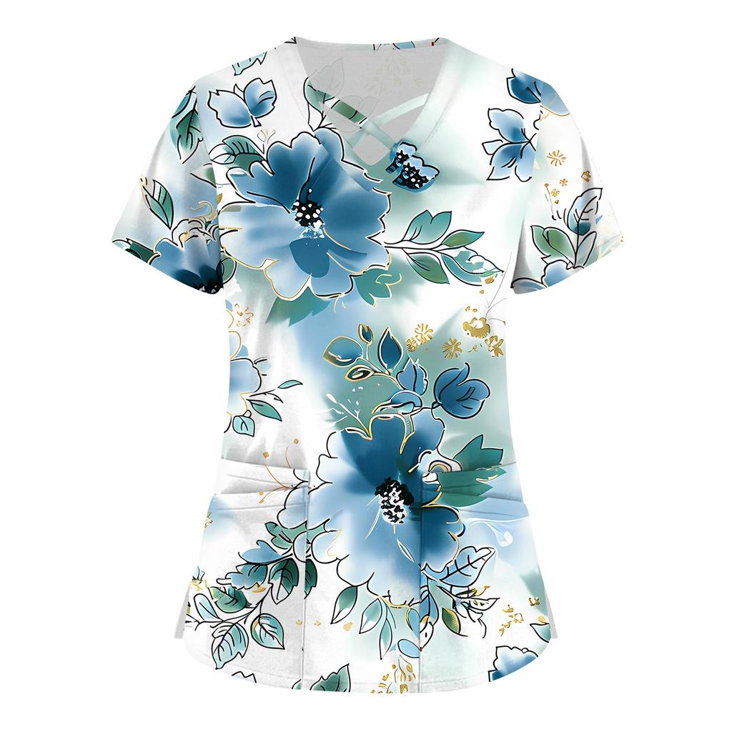 Women's Short Sleeve Stagger V Neck Print Pocket Dry-nurse Top