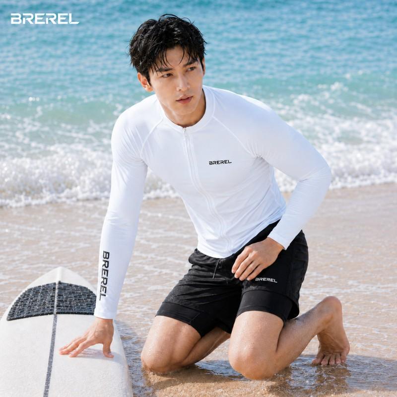 Mens UV Protection Rash Guard Set Long Sleeve Swim Shirt Quick-Dry Board Shorts Snorkeling Surfing Kayaking