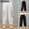 Summer Women's Cotton and Hemp Embroidered Haren Pants Middle Aged and Elderly Large Loose Haren Pants Mom Cropped Pants