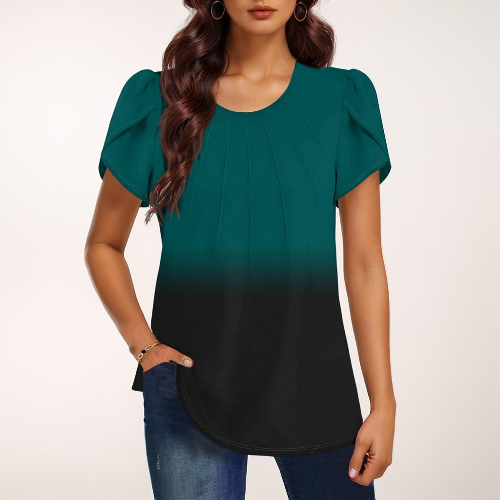 Женская модная футболка с круглым вырезом и коротким рукавом с градиентным принтом, повседневная базовая плиссированная футболка-пуловер