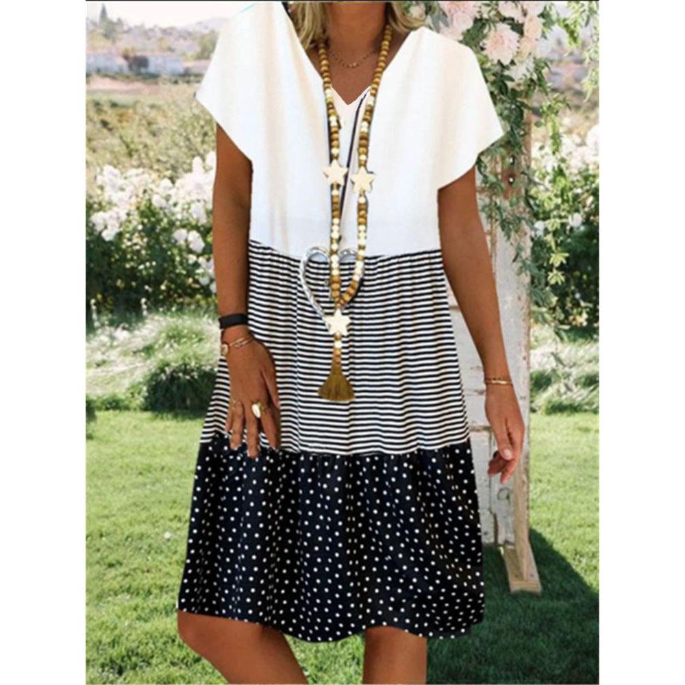 Женское модное повседневное платье большого размера с коротким рукавом, свободное летнее платье с принтом и V-образным вырезом