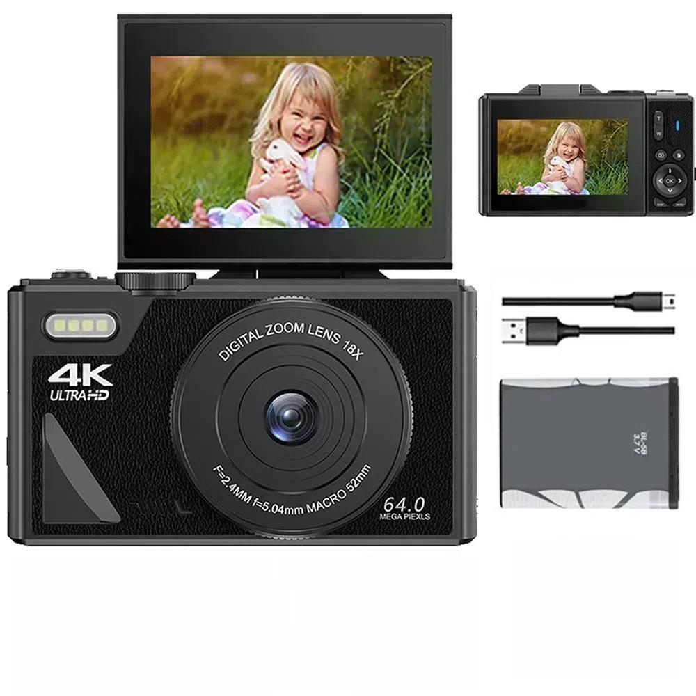 Цифровая камера 64 МП WIFI 4K с откидным экраном 180° Камера для селфи Маленькая портативная 18-кратный цифровой зум VLOG-камера