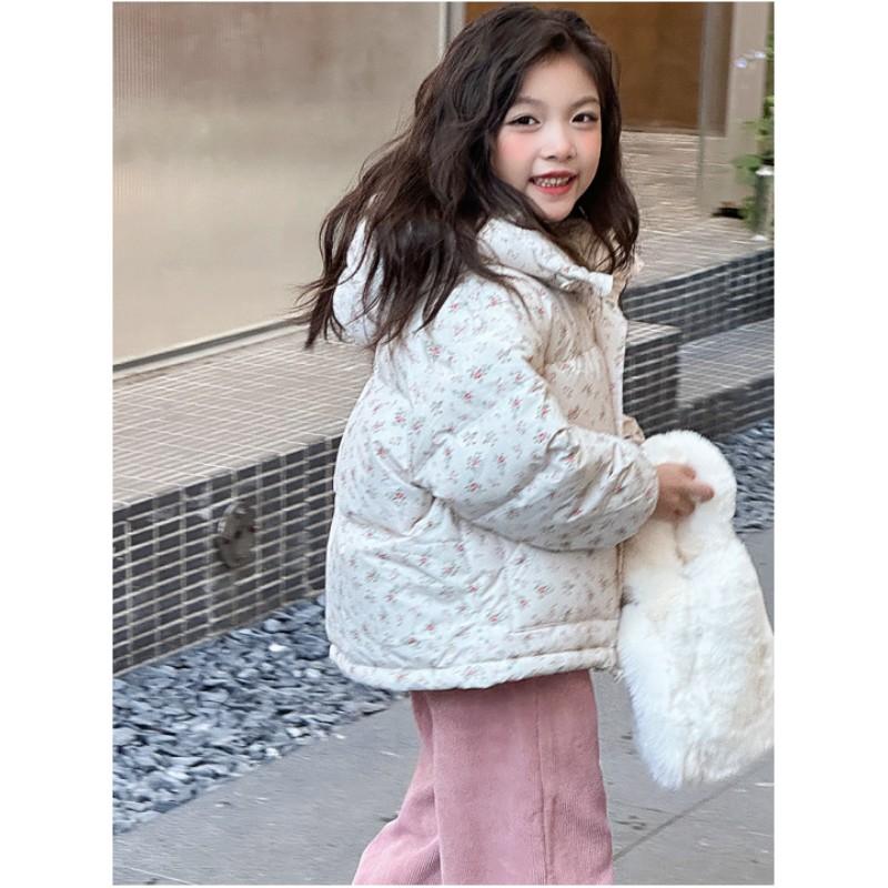 Girls Winter Cute Hooded Floral Cotton Jacket Long-sleeved Thickened Bread Clothes