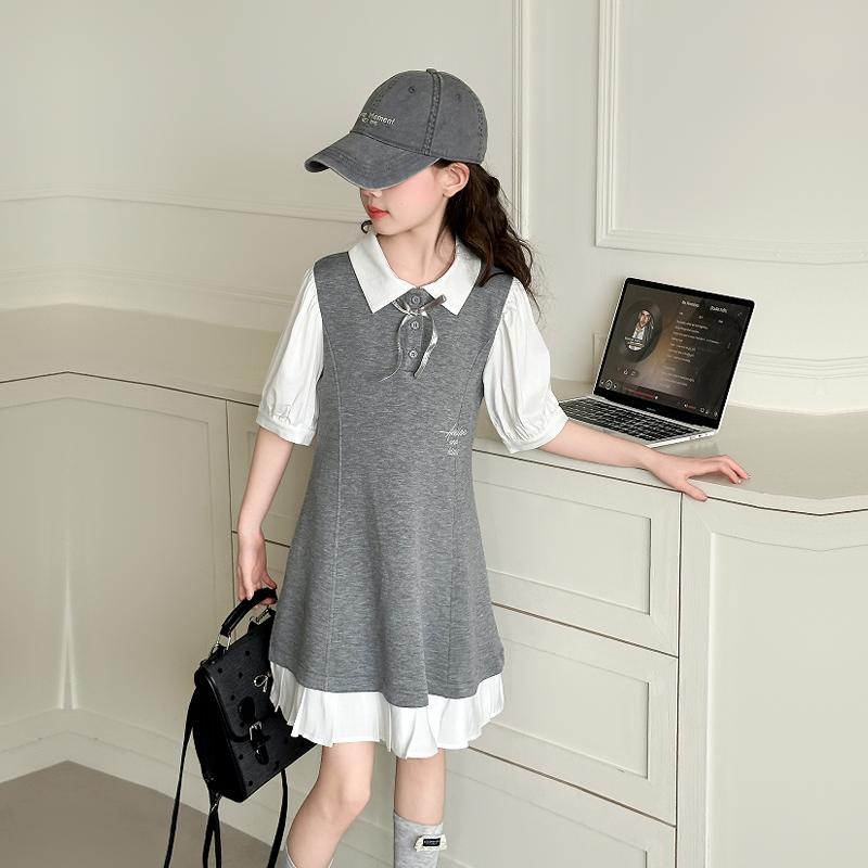 Girl's super beautiful dress, college style shirt dress, 2026 new summer short sleeved Korean version, big children's trend