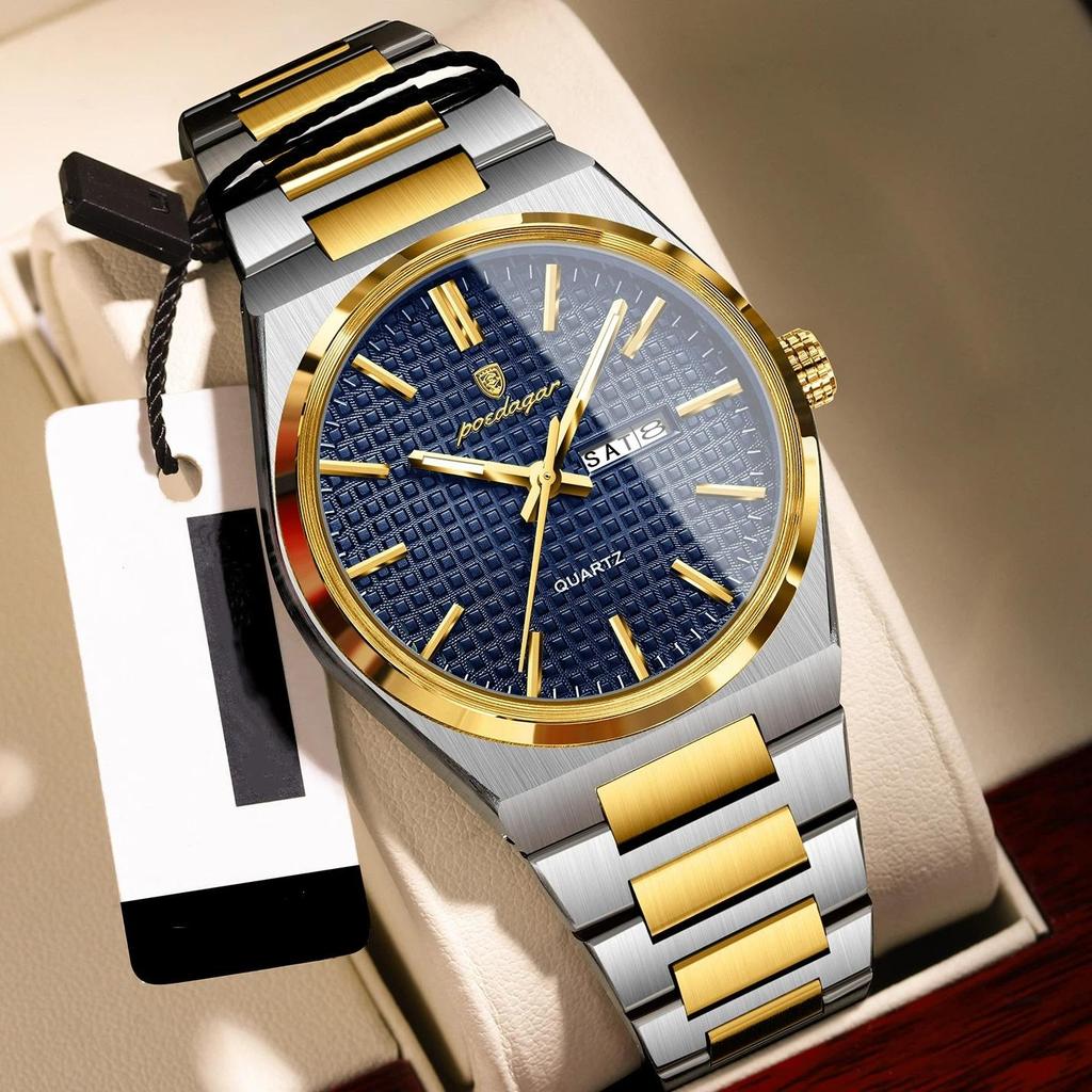 POEDAGAR Роскошные мужские часы Дата Неделя Водонепроницаемые Светящиеся Часы из Нержавеющей Стали Для Мужчин Повседневные Кварцевые Мужские Часы