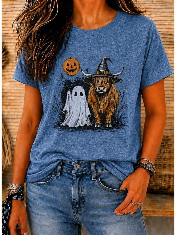 Women's Fashionable Casual Short-Sleeve Halloween T-Shirt with Spooky Skull Print and Round Neckline Perfect for Holiday Parties