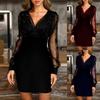 Fashion Sexy Midi Casual Dress Women Black Retro Gazue Sequins Long Sleeved Female Party Culb Dresses