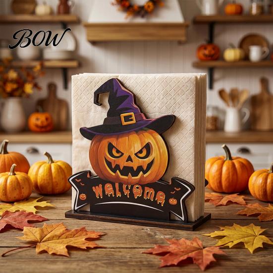 Seasonal Home Accents Halloween Wooden Napkin Holder, Ghost Pumpkin Decorative Tabletop Tissue Dispenser, Gift for Paper Storage Organizer Holiday