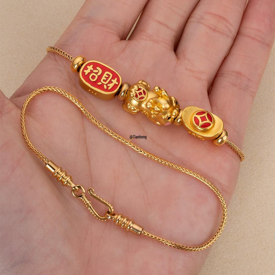 Versatile Gold-Plated Copper Beaded Bracelet with Lucky Beads and Wrap-Around No-Tie Design