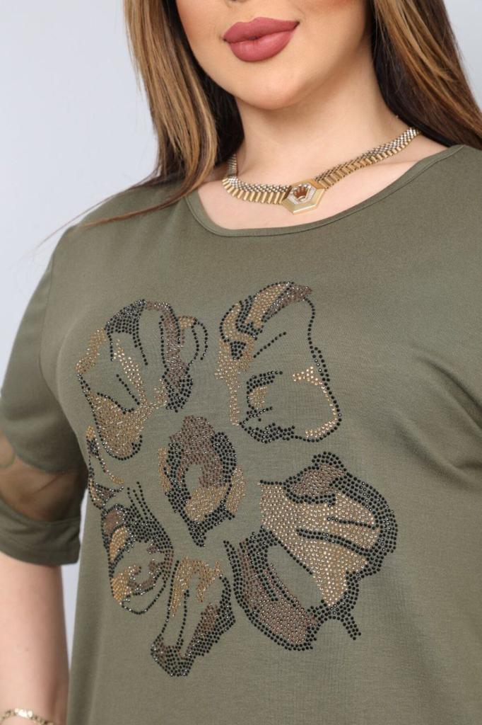 Женская блузка большого размера Блузка большого размера с каменным цветочным узором спереди