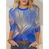 Ladies' Gradient Pink Blue Printed Long Sleeve T-shirt - Gradual Splicing Round Neck Casual Top