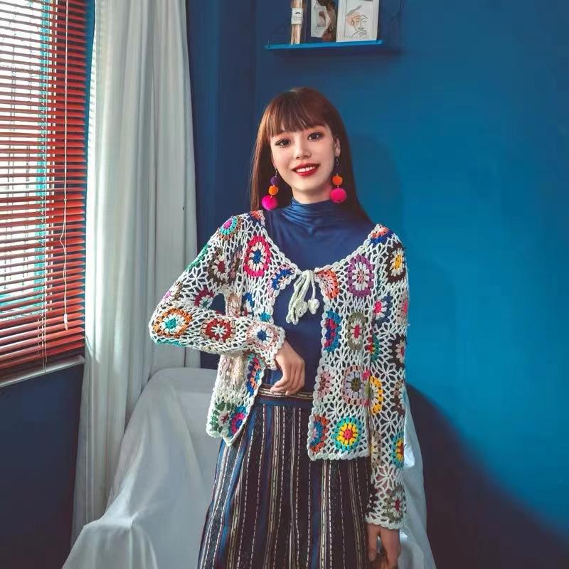 Women's Handmade Crochet Cardigan Knit Sweater Hollow Out Jacket Ethnic Long Sleeve Top