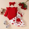 Autumn/Winter Red Baby Girl Bodysuit Set: Long Sleeve Romper, Bear Pinafore Dress, and Headband
