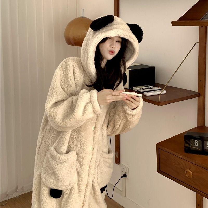 New Bear Coral Fleece Pajama Women Autumn Winter Sleepwear Fleece Thick Cute Flannel Loungewear Set Round Hooded Homewear