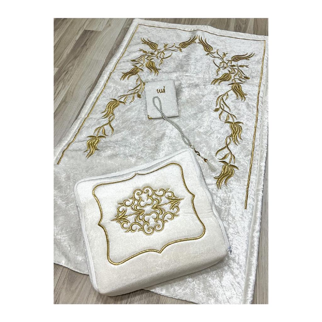Srma Gold Embroidered Motif Velvet Saddle Bag, Velvet Prayer Rug, Yasin, Prayer Beads Dowry Set Of 4 Bundle Storage Bags
