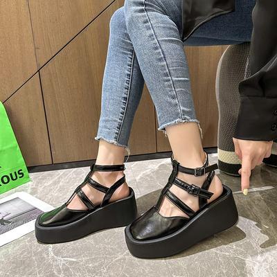 Женские сандалии Baotou на толстой подошве, летние, новые, с квадратным носком и пряжкой, женская обувь, однотонные, с выдолбленной танкеткой, модные каблуки для женщин