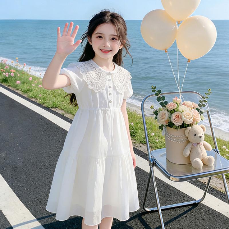 Летнее белое платье-принцесса для девочек со воротником-куклой феи