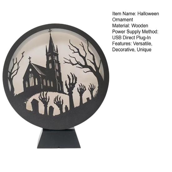 Halloween LED Lantern Wooden Desktop Light Witch Pumpkin Spider Cat Designs Silhouette Ornament Spooky Tabletop Home Party Decoration
